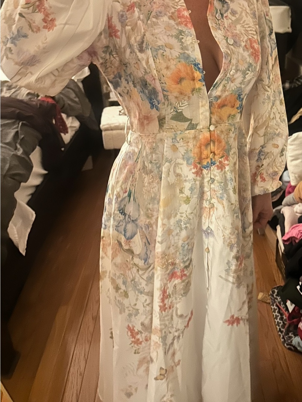 French Style Floral Print Stand Collar Lantern Sleeve Button Down Evening Dress